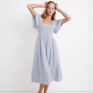 Linen-Blend Lucie Smocked Midi Dress in Stripe